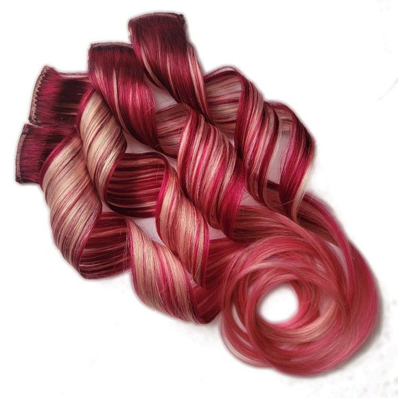 16 inch Candy Cane Red Pink Ombre Colored Clip in Remy Human Hair Extesions - Picture 3 of 3